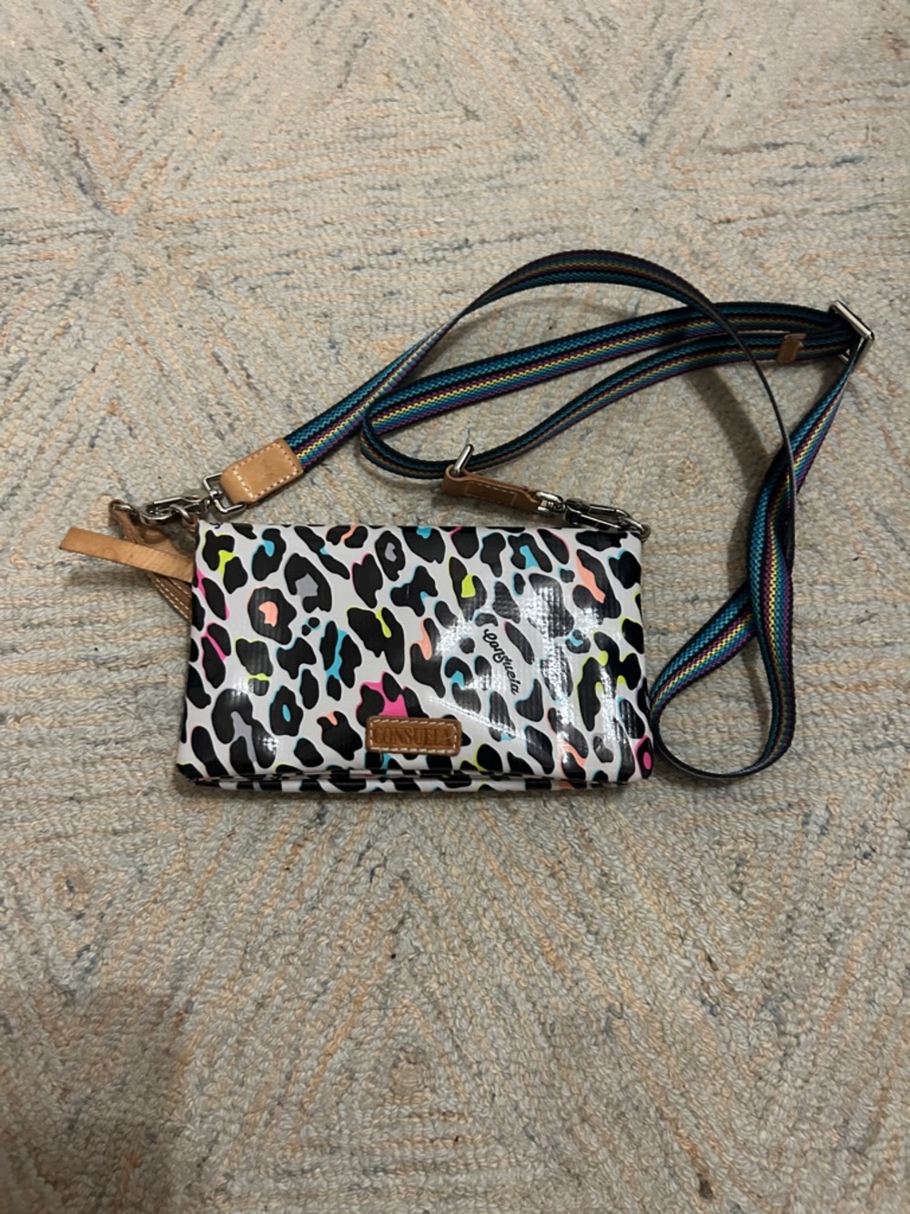 Bright Leopard Crossbody Bag with Striped Strap